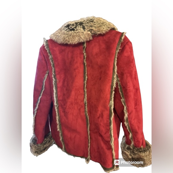 44. Montana Co BOHO FAUX FUR JACKET - HORN BUTTONS - RUSTIC WESTERN WINTER Red - Picture 3 of 3
